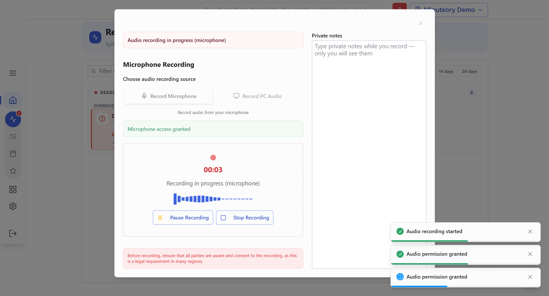 minuteory recording a meeting from the browser tab with no bot added to the participant list