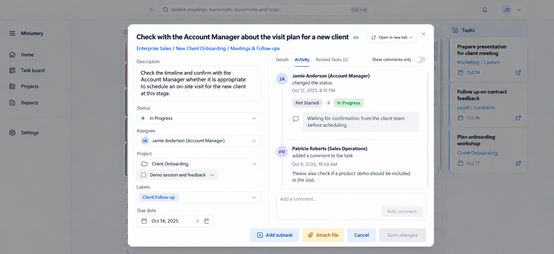 minuteory meeting intelligence view showing tasks with one accountable owner tracked across meetings