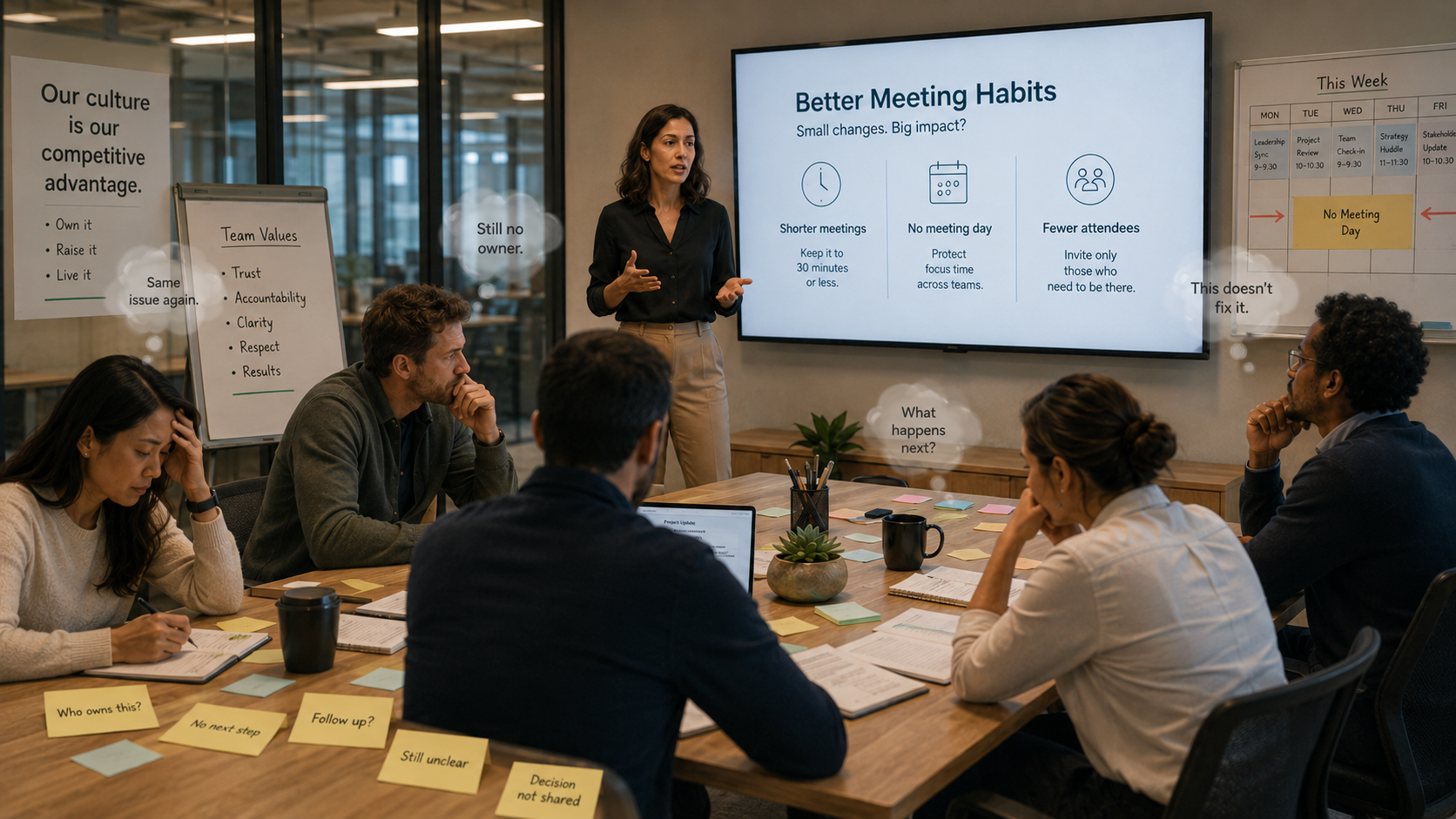 A team workshop on better meeting habits with sticky notes showing unresolved decisions and unclear ownership