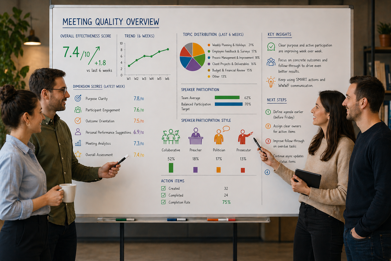 Minuteory Organization Meeting Analytics showing effectiveness scores across teams, the business results behind meeting culture